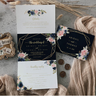 Convite Com Dobra Tripla Casamento Geométrico Dourado Floral com marinho B