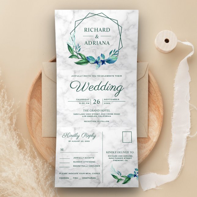 Convite Com Dobra Tripla Casamento Geométrico Esmerald Green Leaf Wreath (Criador carregado)