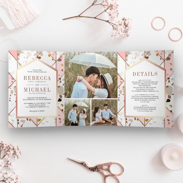 Convite Com Dobra Tripla Casamento Geométrico Terrazzo Blush Pink (Criador carregado)