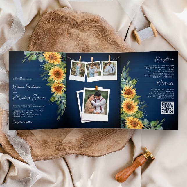 Convite Com Dobra Tripla Casamento Girassóis Eucalipto Código QR Azul Marin (Criador carregado)
