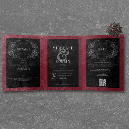 Convite Com Dobra Tripla Casamento Gótico de Rosas Negras Raven & Black
