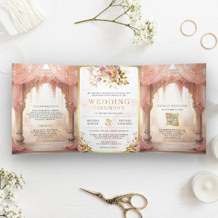 Convite Com Dobra Tripla Casamento Hindu do Mandap Indiano Floral Dreamy Pi
