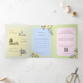 Convite Com Dobra Tripla Casamento Ilustração Aquarela Azul Cítrico