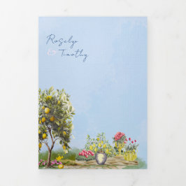 Convite Com Dobra Tripla Casamento Ilustração Aquarela Azul Cítrico