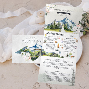 Convite Com Dobra Tripla Casamento Ilustrado Montanha Glacial Rústica  