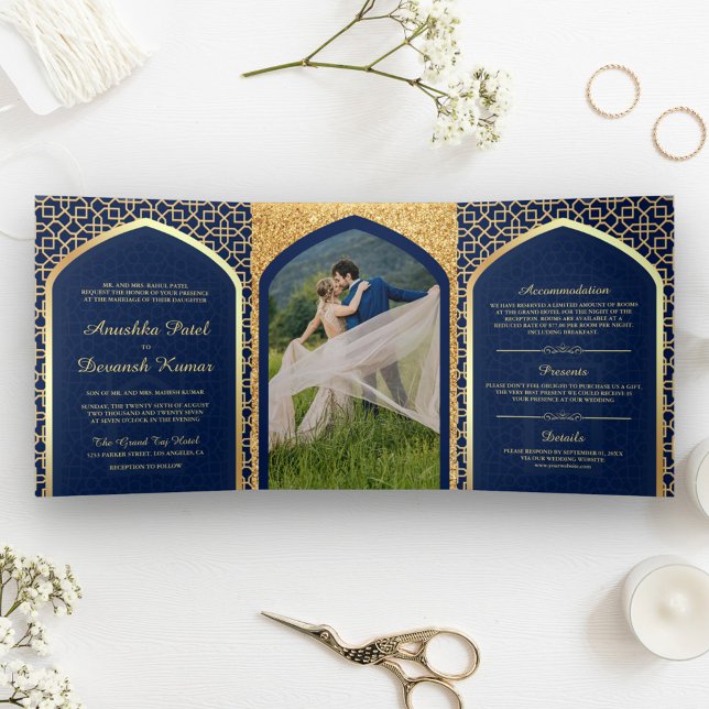 Convite Com Dobra Tripla Casamento Indiano ao Estilo Bollywood em Azul e Do (Criador carregado)