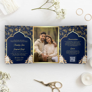 Convite Com Dobra Tripla Casamento Indiano Código QR Floral Paisley Azul Do