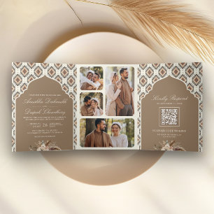 Convite Com Dobra Tripla Casamento Indiano Colagem de Fotos Ikat Bege Marfi