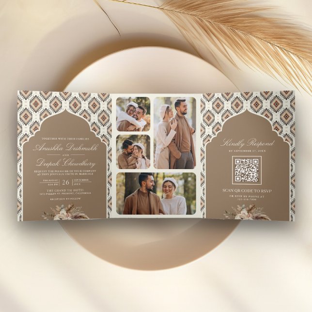 Convite Com Dobra Tripla Casamento Indiano Colagem de Fotos Ikat Bege Marfi (Criador carregado)
