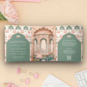 Convite Com Dobra Tripla Casamento Indiano do Lago de Lótus Rosa Bege Paste