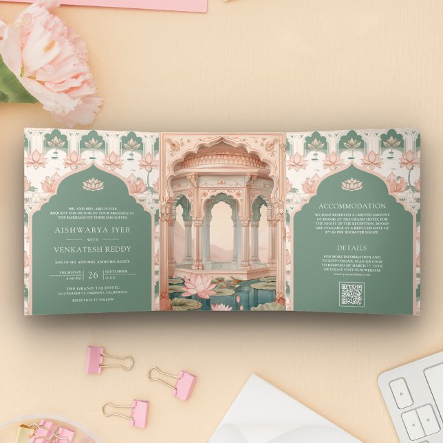 Convite Com Dobra Tripla Casamento Indiano do Lago de Lótus Rosa Bege Paste (Criador carregado)