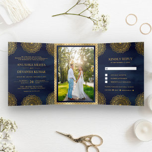 Convite Com Dobra Tripla Casamento Indiano Mandala Asiático Azul Marinho e