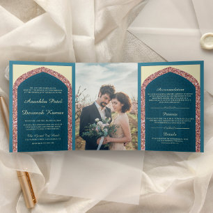 Convite Com Dobra Tripla Casamento Indiano Rosa Dourado Brilho Azul Oceano