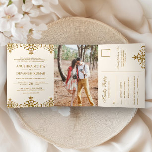 Convite Com Dobra Tripla Casamento Indiano Tradicional em Marrom Damask Ele
