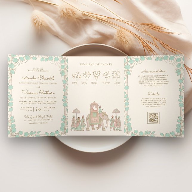 Convite Com Dobra Tripla Casamento Indiano Tradicional Pastel Elefante Bara (Criador carregado)