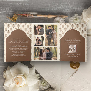Convite Com Dobra Tripla Casamento Indiano Tudo em Um Ikat Creme Marrom