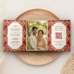 Convite Com Dobra Tripla Casamento Índio com Código QR Dourado Vermelho