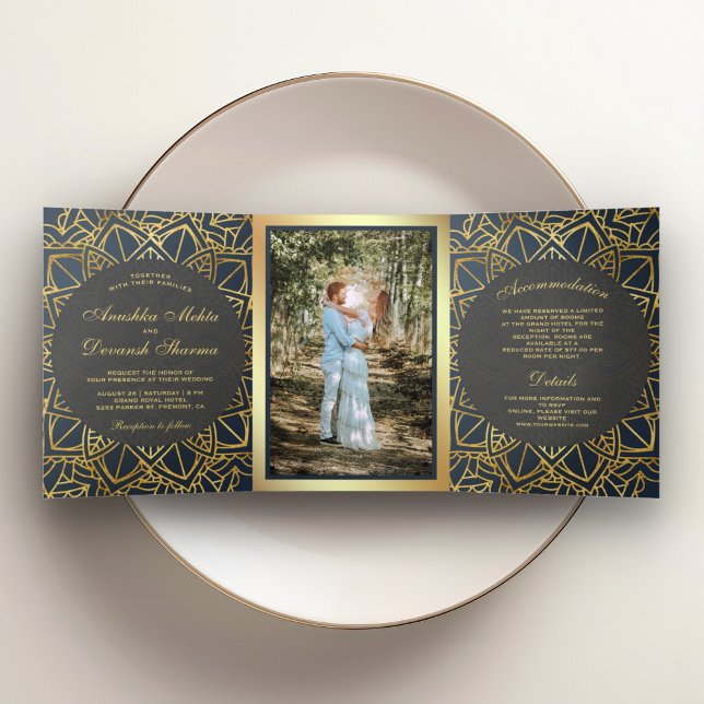 Convite Com Dobra Tripla Casamento Índio de Mandala, Cinza Geométrica Moder (Criador carregado)
