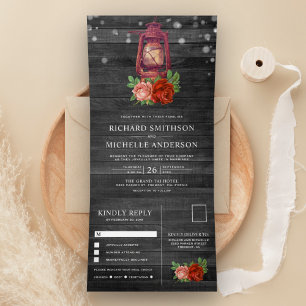 Convite Com Dobra Tripla Casamento Lanterna a Óleo Floral Rústico Vintage