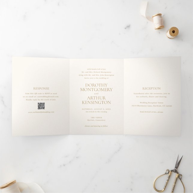 Convite Com Dobra Tripla Casamento Legante do Código QR Moderno e Dourado (Dentro)