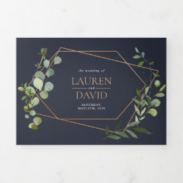 Convite Com Dobra Tripla Casamento Legante Eucalyptus Azul Geométrico de Co