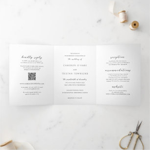 Convite Com Dobra Tripla Casamento Limpo de Código QR Branco e Preto Simple