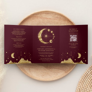 Convite Com Dobra Tripla Casamento Luar Crescente Dourado Borgonha Celestia