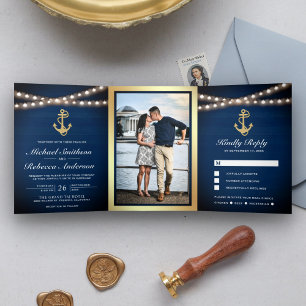 Convite Com Dobra Tripla Casamento Luzes Âncora Ouro Náutico Madeira Azul M