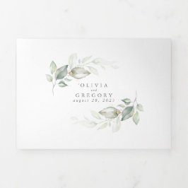 Convite Com Dobra Tripla Casamento Minimalista Elegante de Watercolor Green