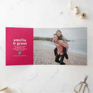 Convite Com Dobra Tripla Casamento Moderno Amelia Magenta
