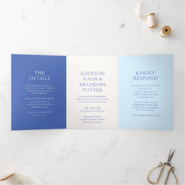 Convite Com Dobra Tripla Casamento Moderno Azul Elegante