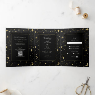 Convite Com Dobra Tripla Casamento Moderno Celestial Lua Estrelas Preto e D