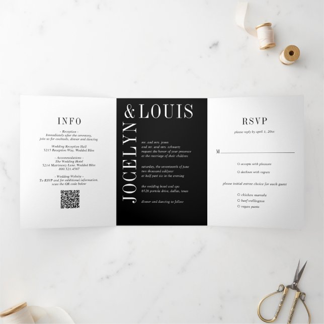 Convite Com Dobra Tripla Casamento Moderno Código QR Preto Ousado (Dentro)