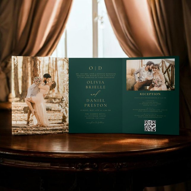 Convite Com Dobra Tripla Casamento Moderno com Duas Fotos em Ouro e Verde E (Criador carregado)