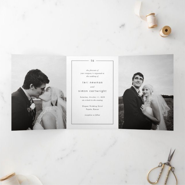 Convite Com Dobra Tripla Casamento Moderno com Monograma Preto e Branco Ate (Dentro)