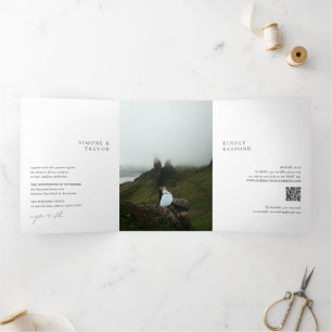 Convite Com Dobra Tripla Casamento Moderno do Código QR Branco e Preto Limp