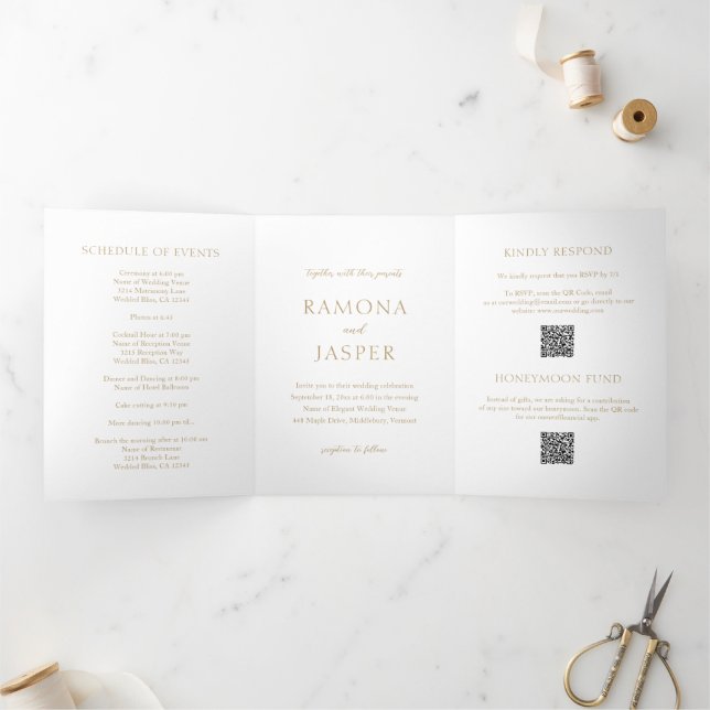Convite Com Dobra Tripla Casamento Moderno do Código QR Simples e Dourado (Dentro)
