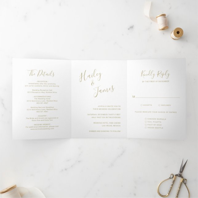 Convite Com Dobra Tripla Casamento Moderno Dourado Elegante (Dentro)