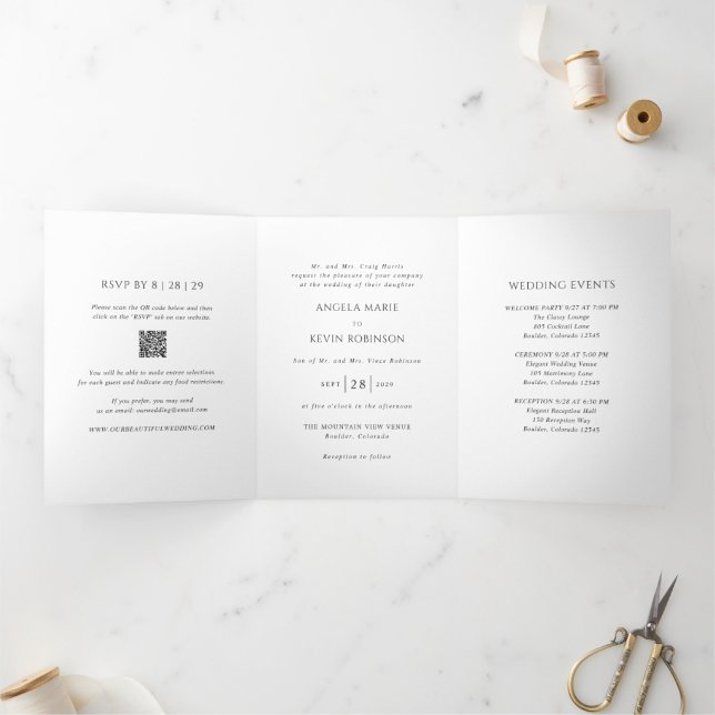 Convite Com Dobra Tripla Casamento Moderno em Preto e Branco QR Code Limpo (Dentro)