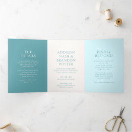 Convite Com Dobra Tripla Casamento Moderno Estiloso em Verde Teal
