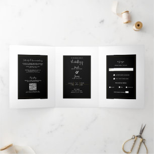 Convite Com Dobra Tripla Casamento Moderno Minimalista Elegante Preto Branc