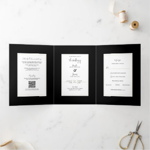 Convite Com Dobra Tripla Casamento Moderno Minimalista Elegante Preto Branc