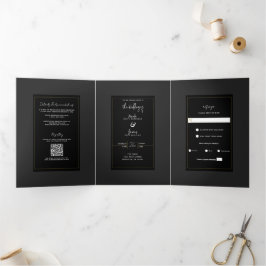 Convite Com Dobra Tripla Casamento Moderno Minimalista Elegante Preto Cinza