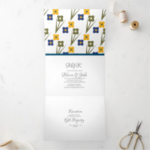 Convite Com Dobra Tripla Casamento Moderno Ousado Florais Delicados Azul Am