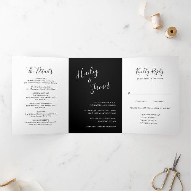 Convite Com Dobra Tripla Casamento Moderno Preto Elegante (Dentro)