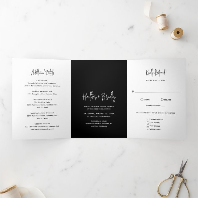 Convite Com Dobra Tripla Casamento Moderno Preto Minimalista (Dentro)