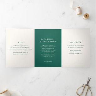 Convite Com Dobra Tripla Casamento Moderno Simples Emerald Green