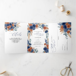 Convite Com Dobra Tripla Casamento Moderno Terracota Verde Pampas Azul Mari