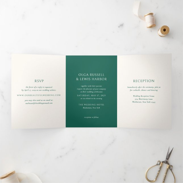 Convite Com Dobra Tripla Casamento Moderno Verde Esmeralda Simples (Dentro)