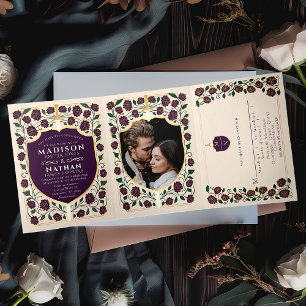 Convite Com Dobra Tripla Casamento Monograma Fantasia Medieval Espada & Esc